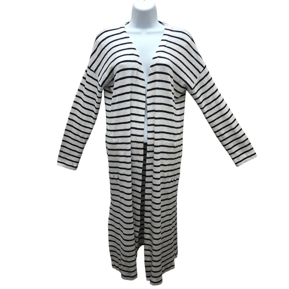 J Jill Cardigan Womens Medium White Black Striped Long Duster Open Front Pockets